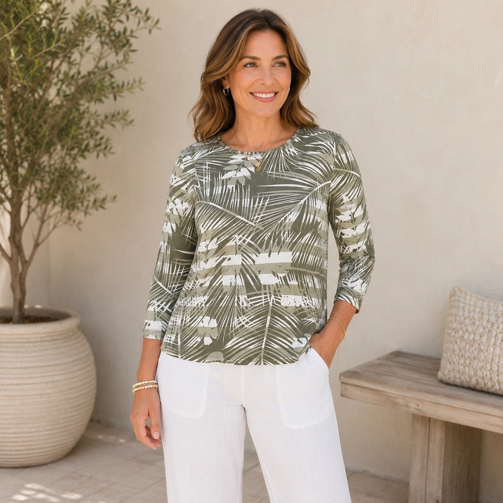 Weekends by Chicos Womens 1 Medium Olive Green Tropical Palm Stripe 3/4 Sleeve